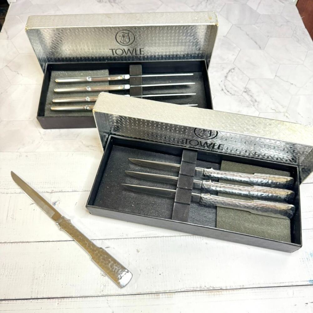 8 Towle Hammersmith Steak Knives Stainless Non Serrated Satin Handle USA w/Boxes
